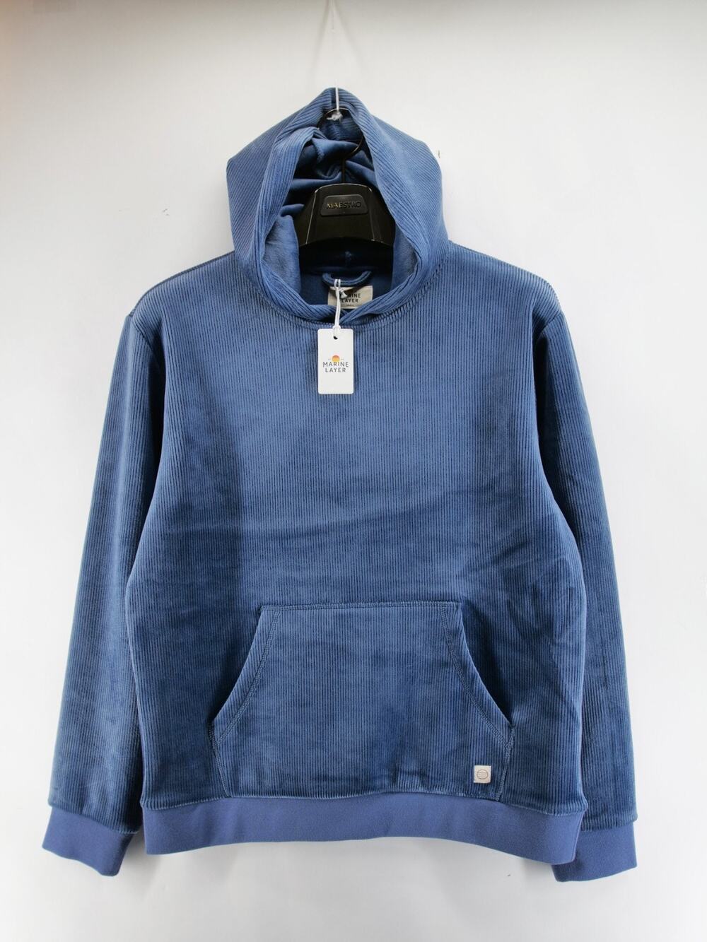Marine Layer Velour Corduroy Hoodie Men Small Indigo Blue Relax Fit Sweatshirt